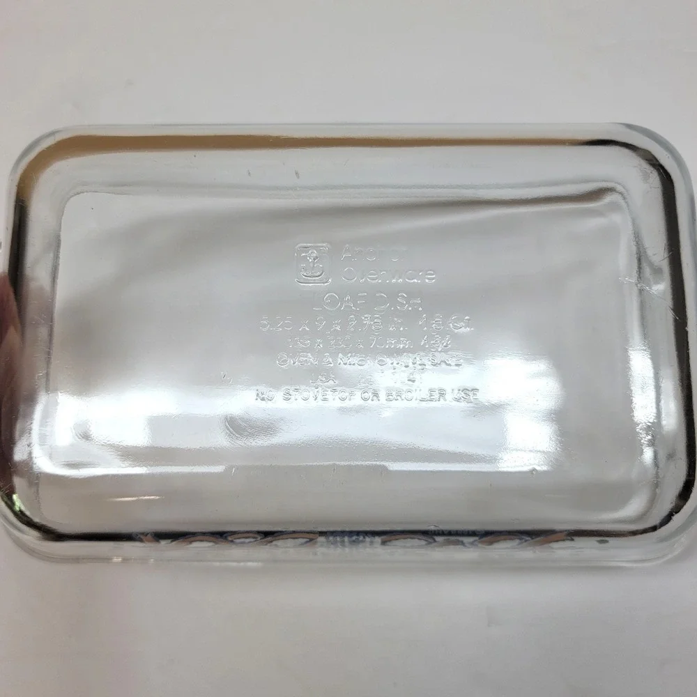 Anchor Hocking Glass Loaf Dish 1.5 Qt Floral Basket Ribbon Vtg 1989 9